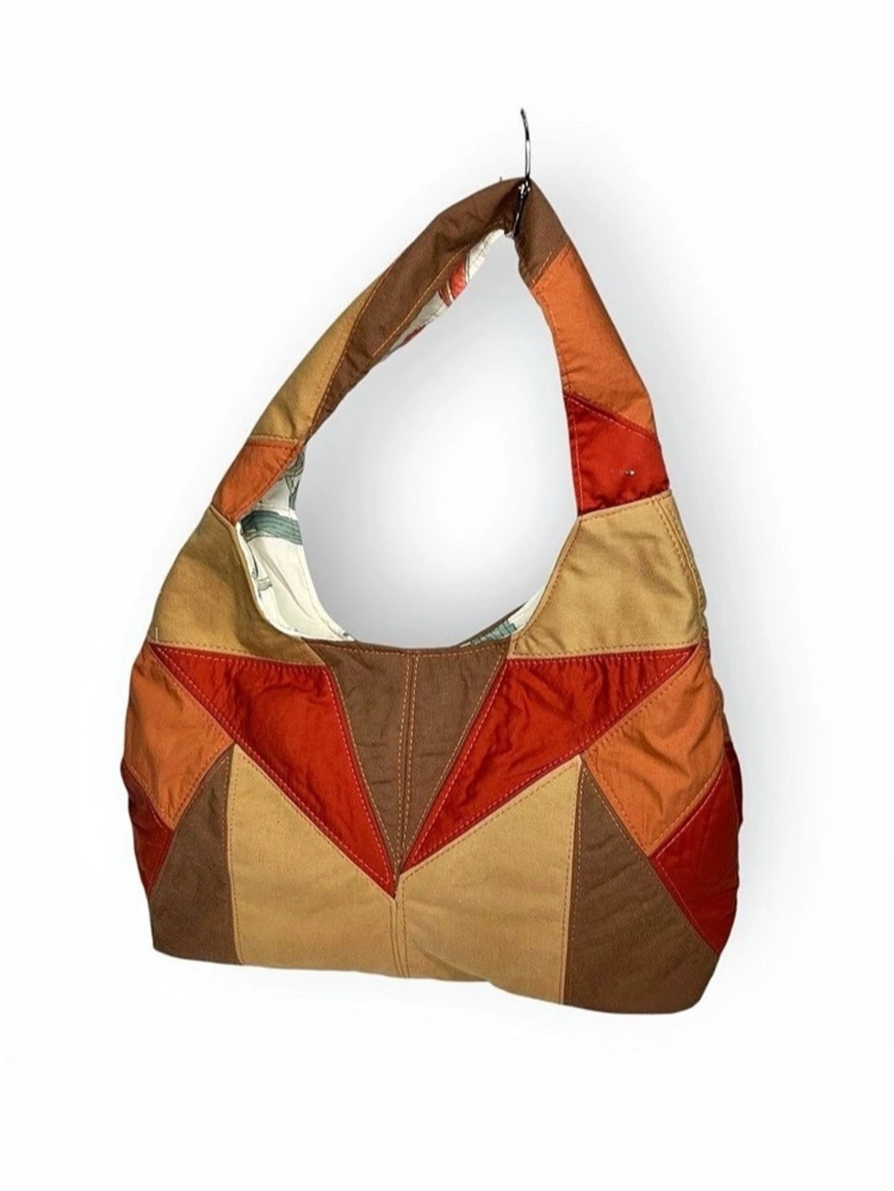 Patchwork Geometric Hobo Bag in Brown & Orange